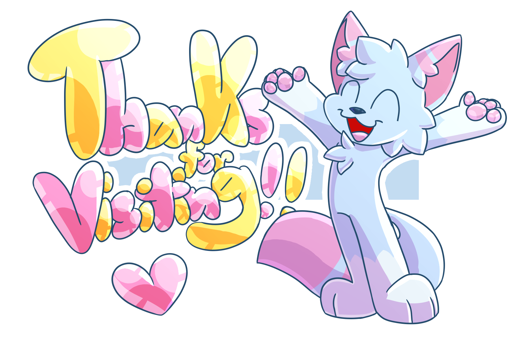 A blue and pink anthropomorphic cat stands tall, holding her hands high and her expression happy; eyes closed and mouth open. Pink and yellow text to the left of this character reads 'Thanks for visiting!' A pink heart is below this text.